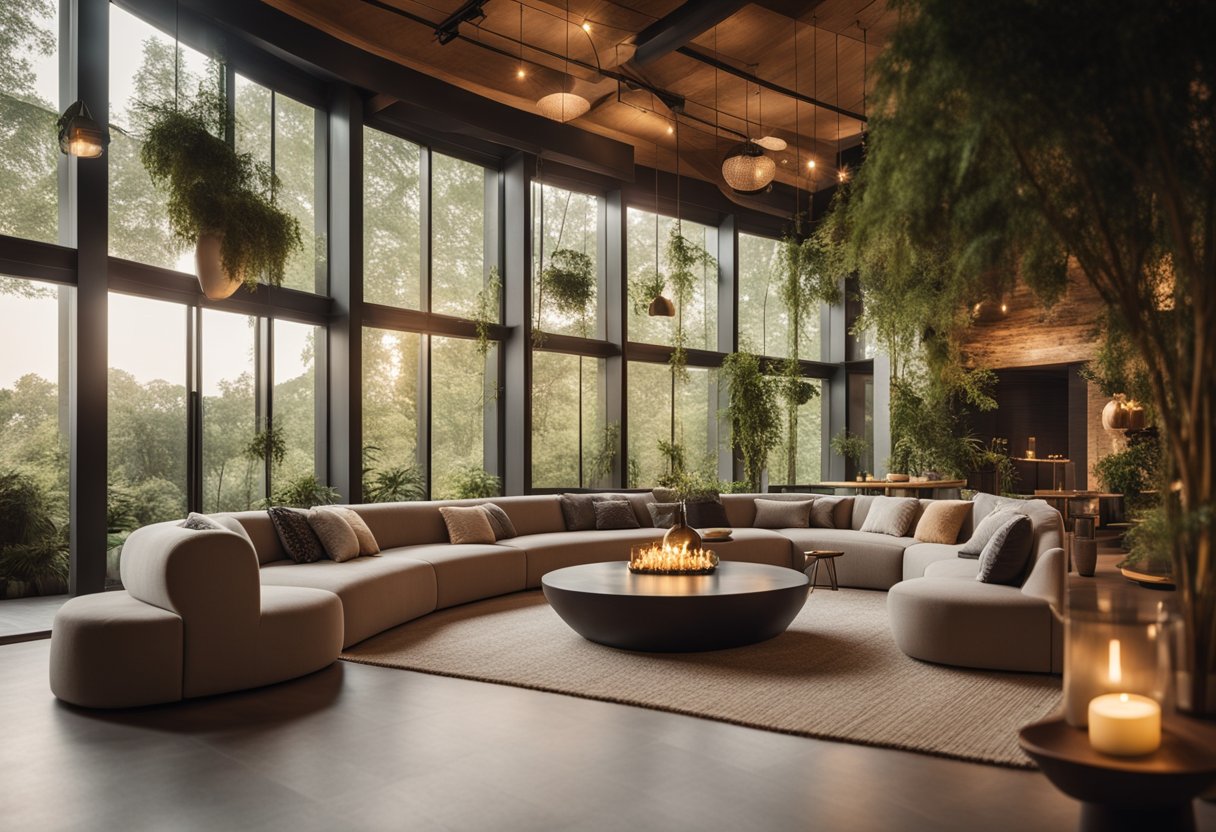A cozy, modern interior with warm lighting and natural elements. A central henge structure surrounded by comfortable seating and lush greenery