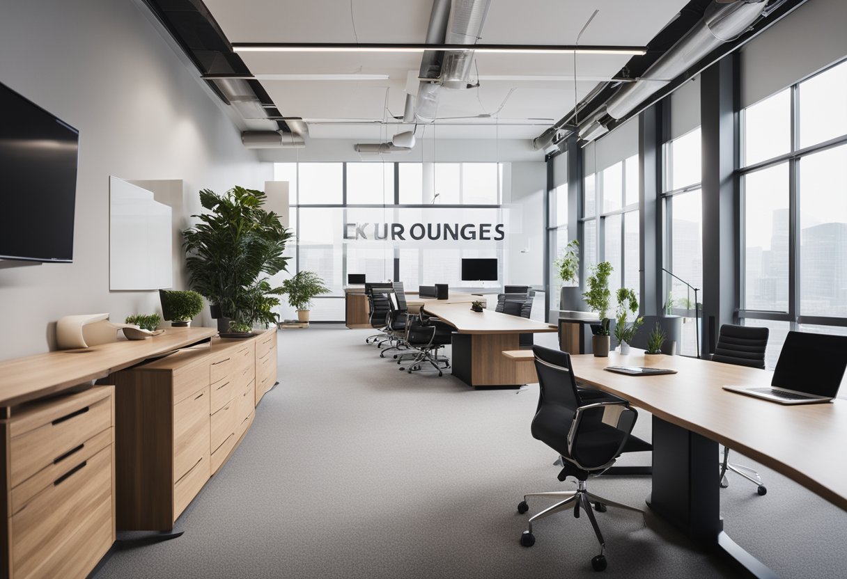 A modern, sleek office space with clean lines, minimalist furniture, and a neutral color palette. A large, prominent sign displaying "Frequently Asked Questions" in the center of the room