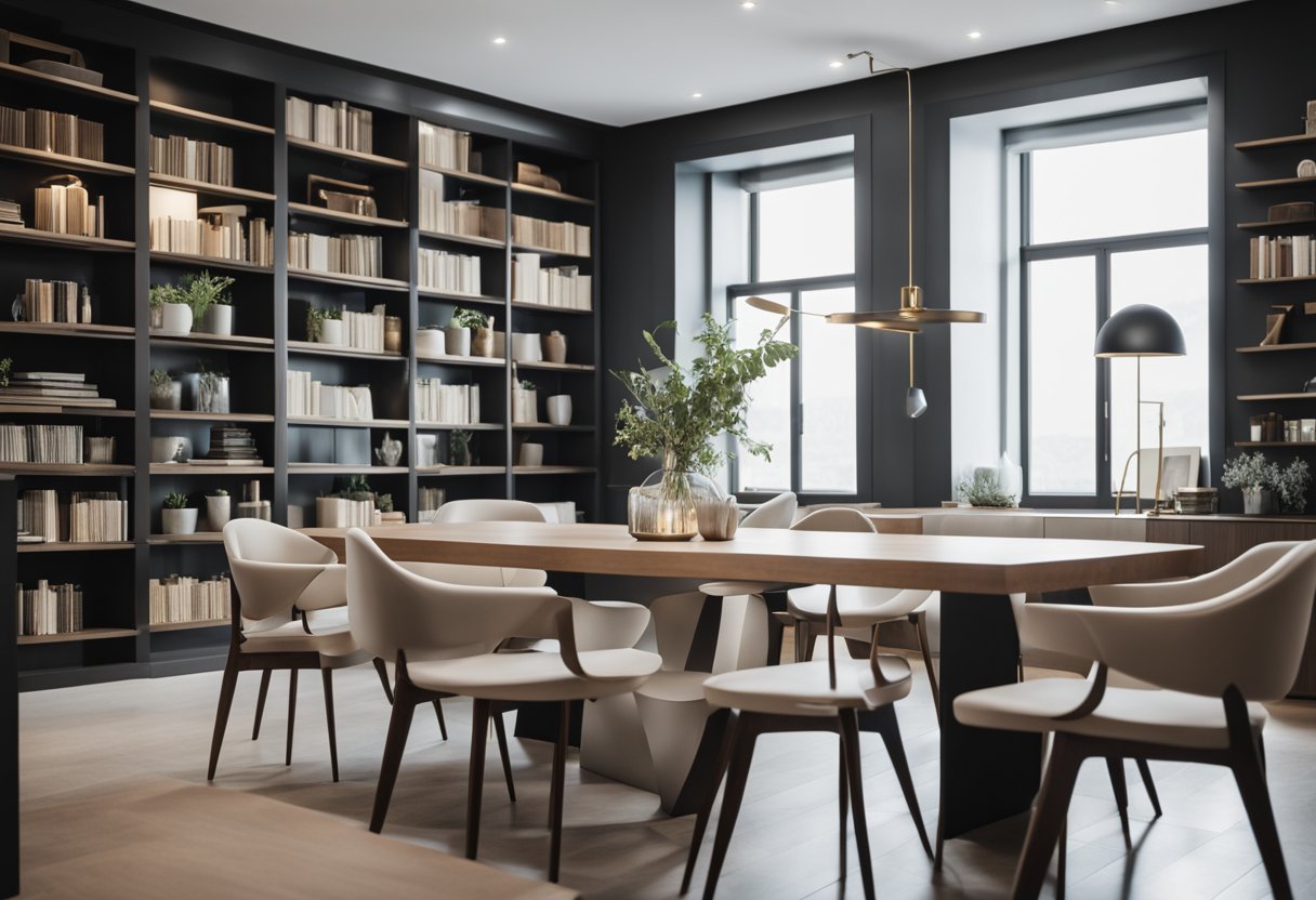 A modern, minimalist interior with clean lines and neutral colors. A large, central table surrounded by stylish chairs. A feature wall with geometric patterns and shelves displaying design books and decor pieces