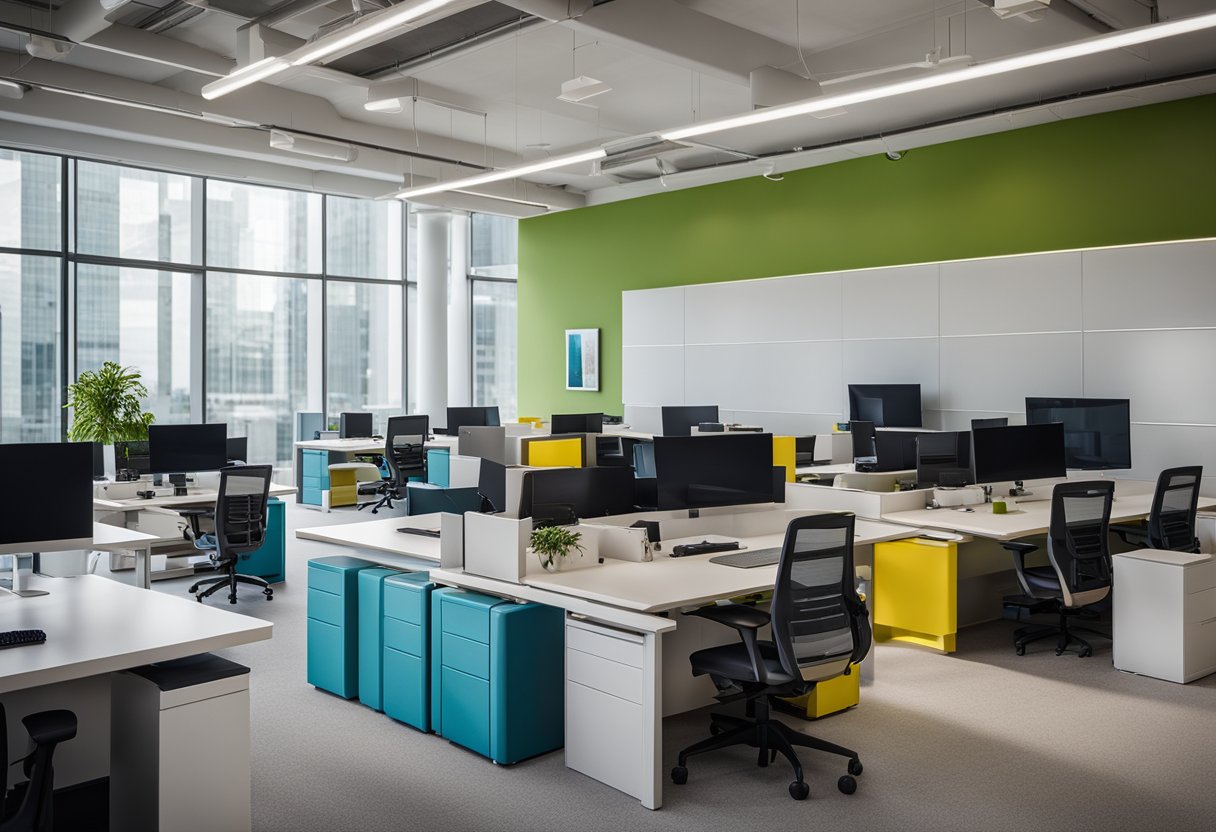 A spacious office with modern furniture, large windows, and vibrant colors. Open layout with collaborative work areas and comfortable seating. Tech-savvy with integrated technology and sleek design elements