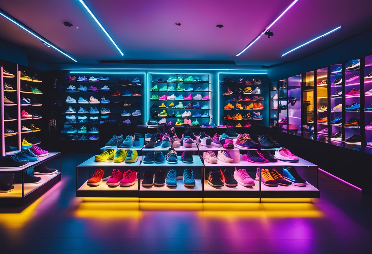 A room filled with trendy streetwear, sneaker displays, and modern art. Neon lights and bold patterns create a vibrant atmosphere