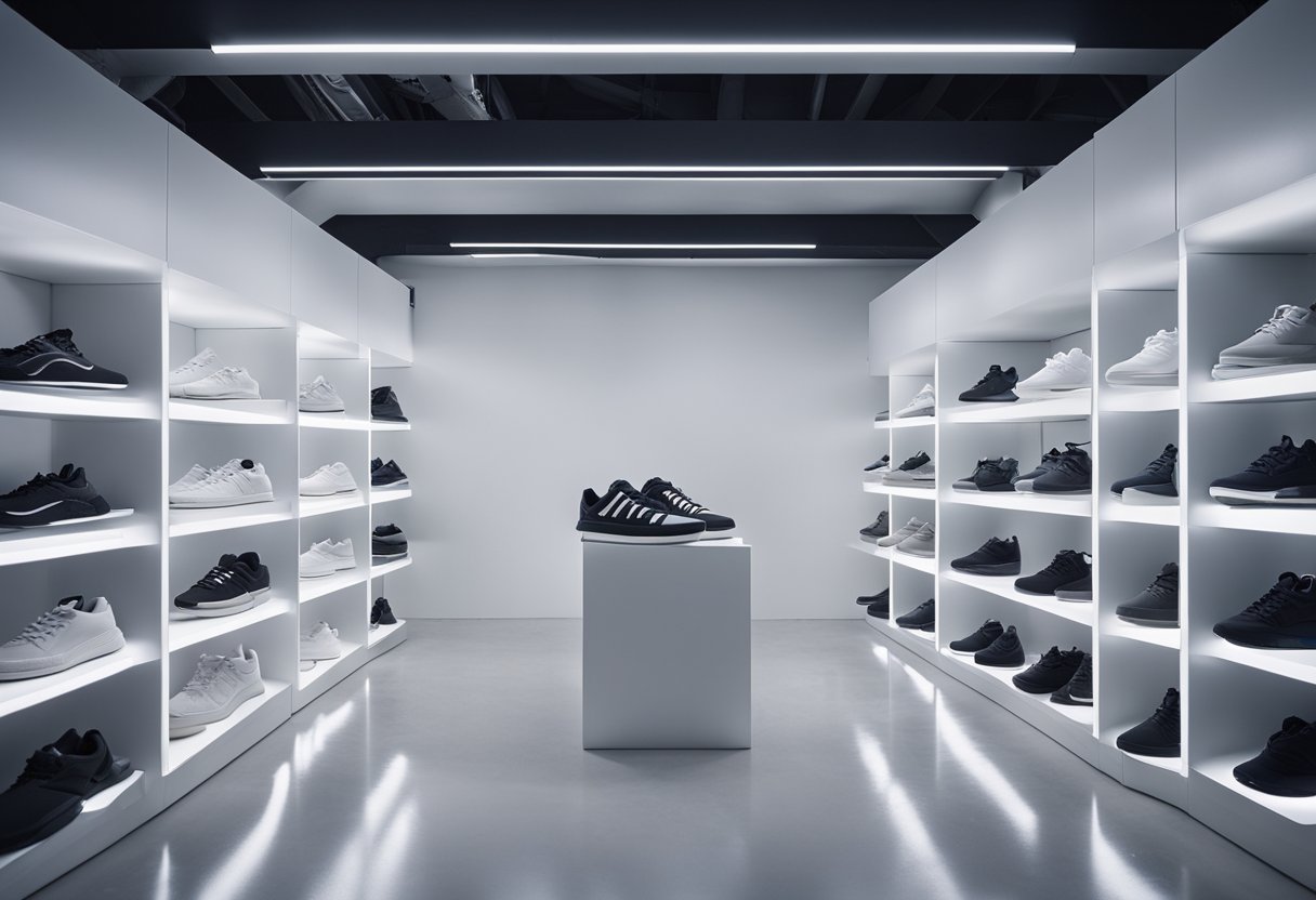 A minimalist, monochromatic room with industrial accents. A wall adorned with limited edition sneakers, designer streetwear displayed on sleek shelves, and a statement neon sign