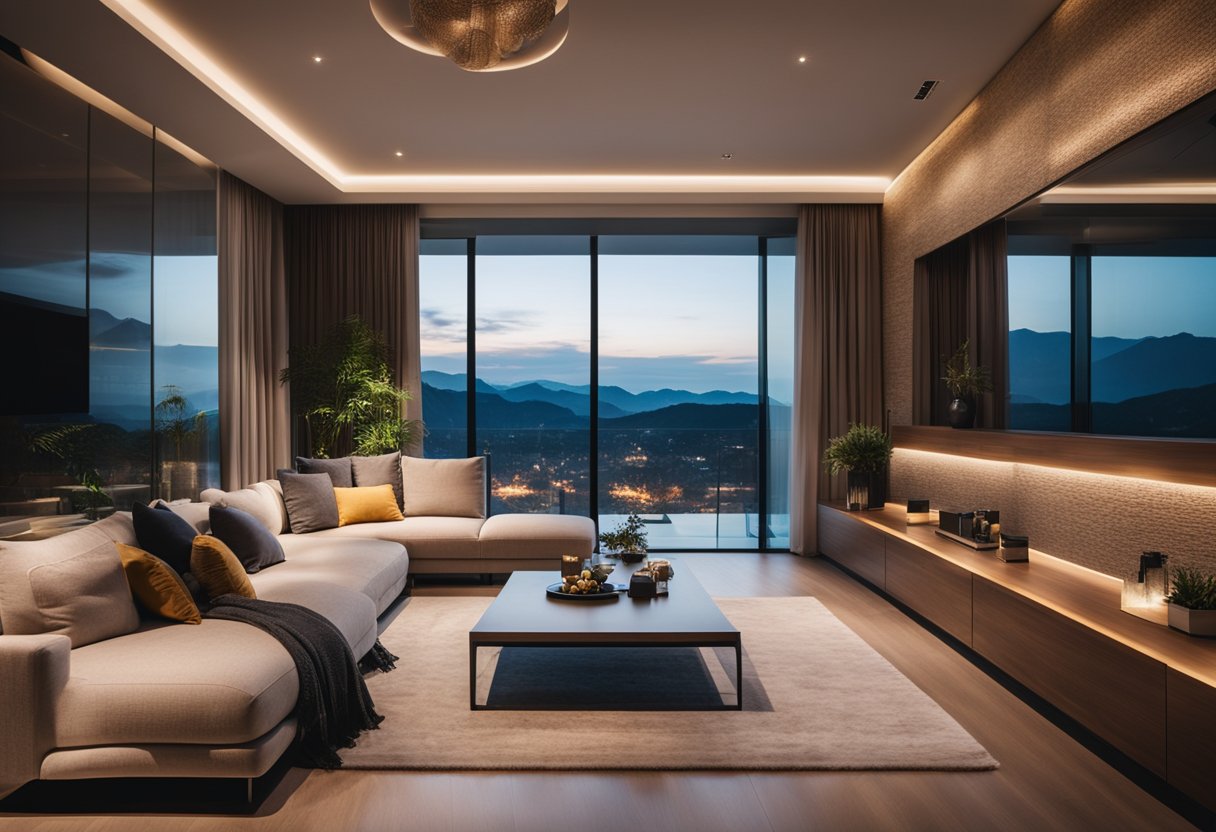 A cozy living room with modern furniture and warm lighting, featuring stylish decor and a large window with a scenic view