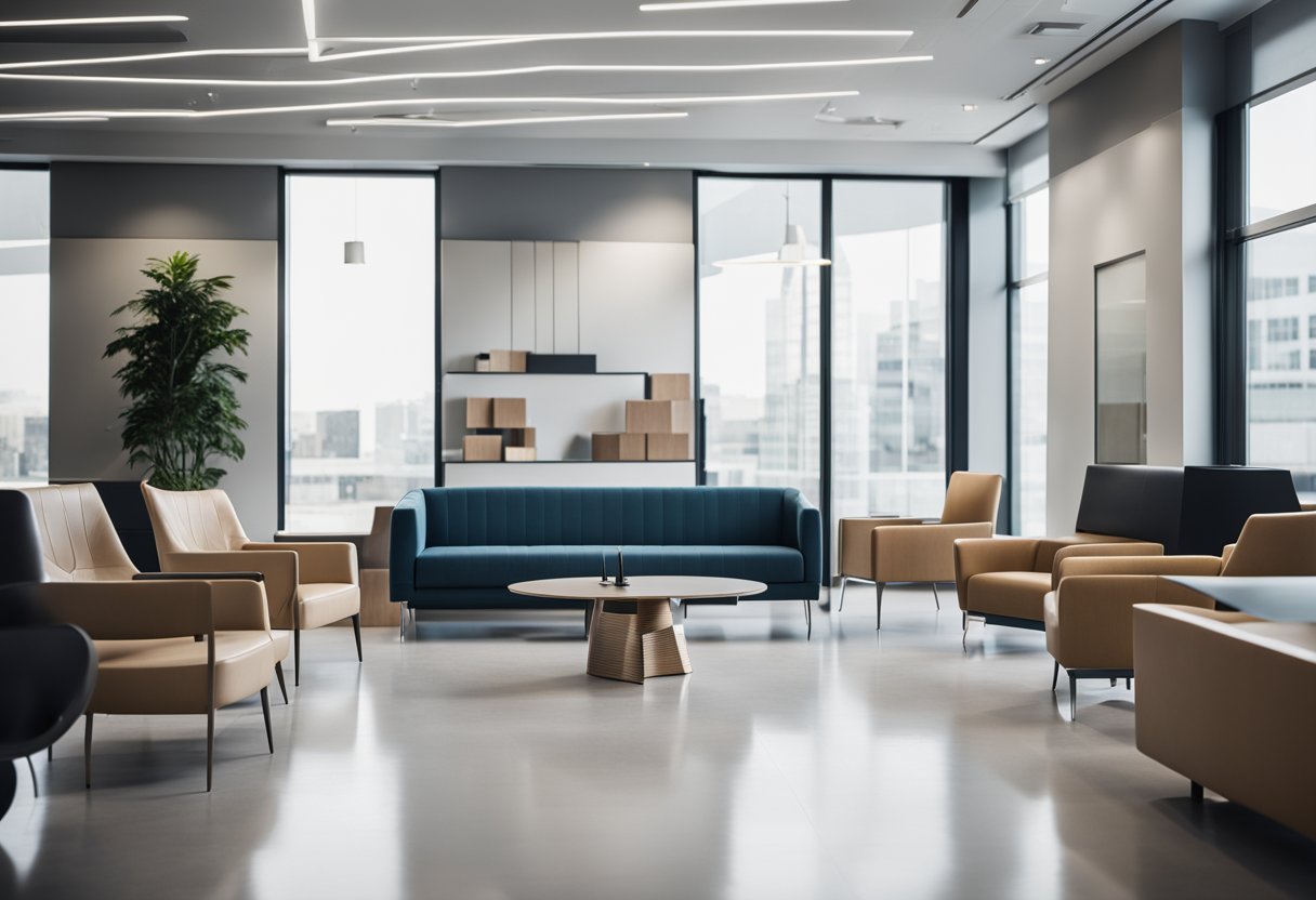 A modern office with sleek furniture, a reception desk, and a waiting area with comfortable chairs. The walls are decorated with abstract art and the space is well-lit with natural and artificial light