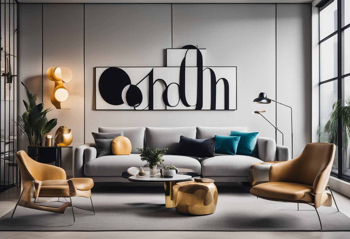 A sleek, modern living room with bold, branded decor and statement furniture pieces, showcasing a mix of streetwear, designer labels, and collectible sneakers