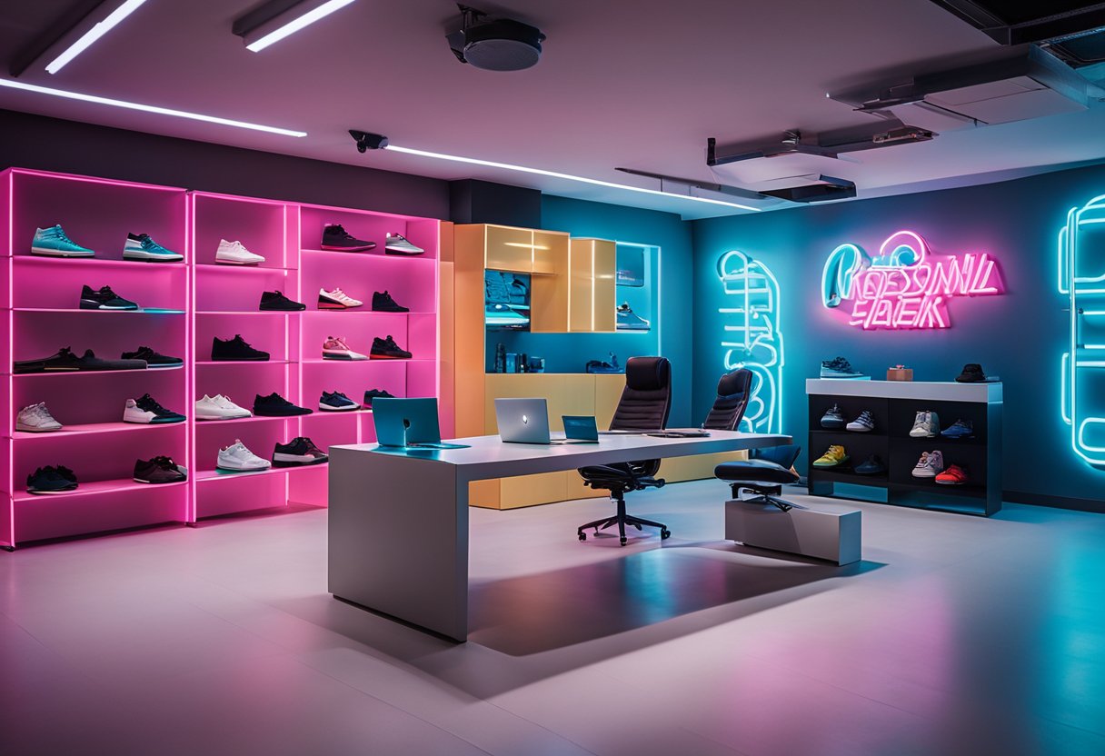 A modern, minimalist interior with sleek furniture, bold streetwear displays, and vibrant sneaker wall art. Clean lines, neon lights, and a cool, urban vibe