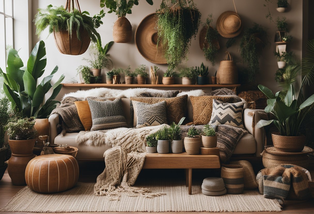 A cozy boho interior with earthy tones, layered textiles, and eclectic decor. A mix of patterns and textures, hanging plants, and natural materials create a relaxed and free-spirited atmosphere