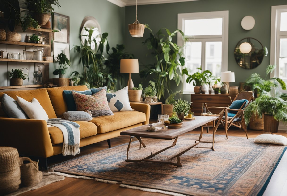 A cozy living room with layered rugs, colorful throw pillows, and hanging plants. A mix of vintage furniture and global-inspired decor creates a relaxed and eclectic atmosphere