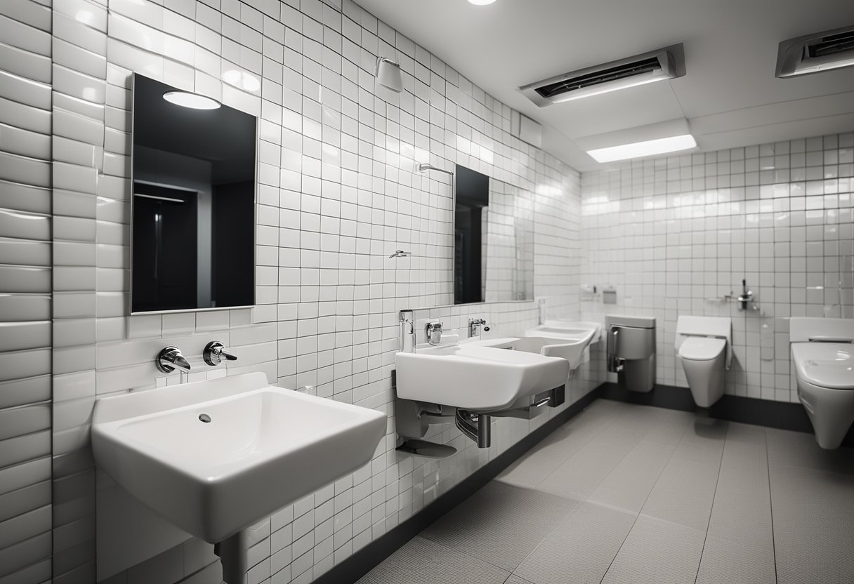 The public toilet interior features clean white tiles, modern stainless steel fixtures, and soft overhead lighting