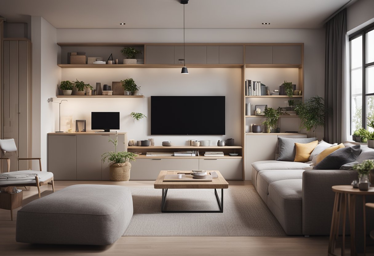 A cozy living room with multifunctional furniture, natural light, and neutral colors. A compact kitchen with efficient storage and modern appliances. A small bedroom with a space-saving bed and clever organization solutions