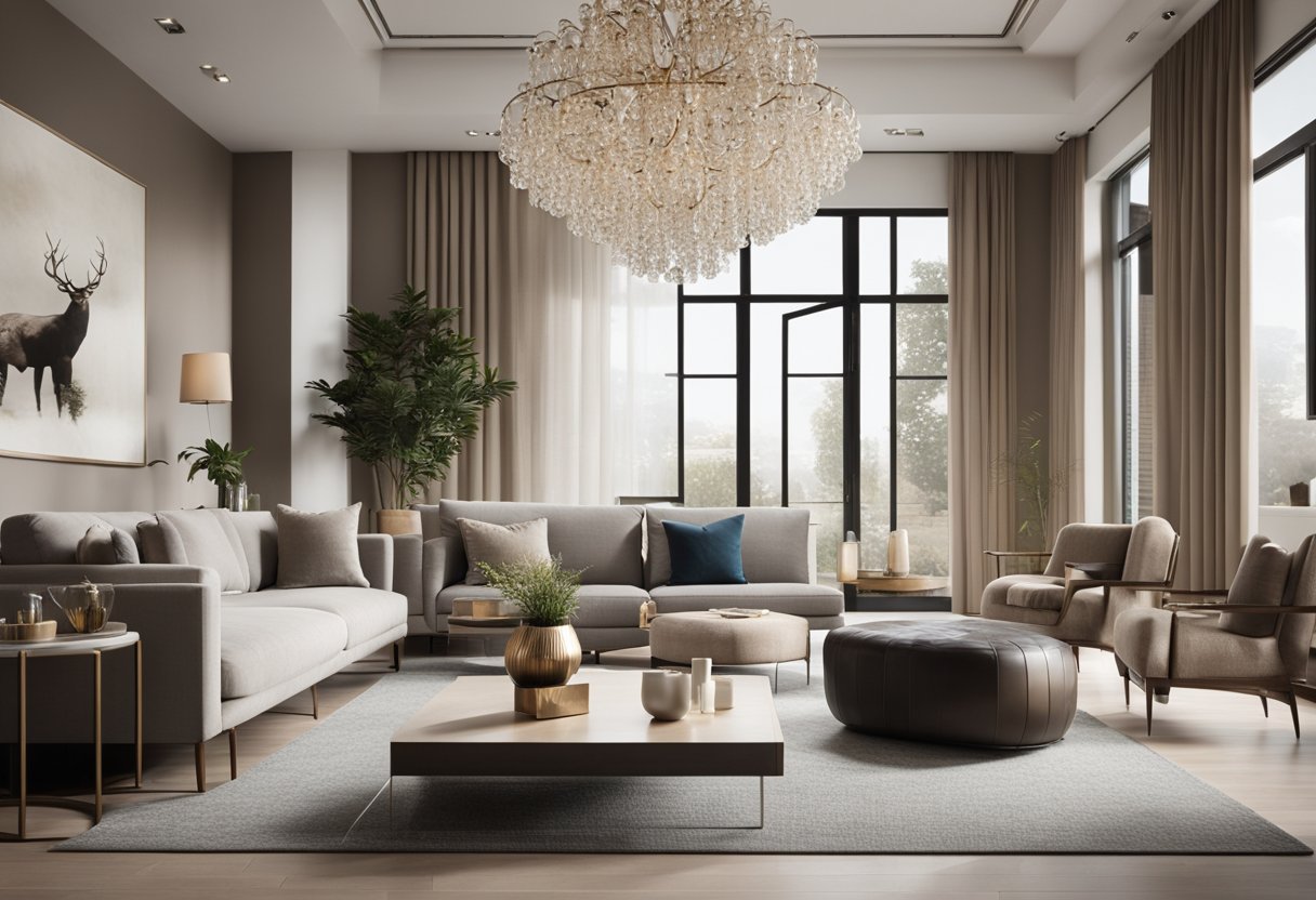 A spacious living room with modern furniture, a cozy fireplace, large windows, and an elegant chandelier. The color scheme is neutral with pops of bold accents