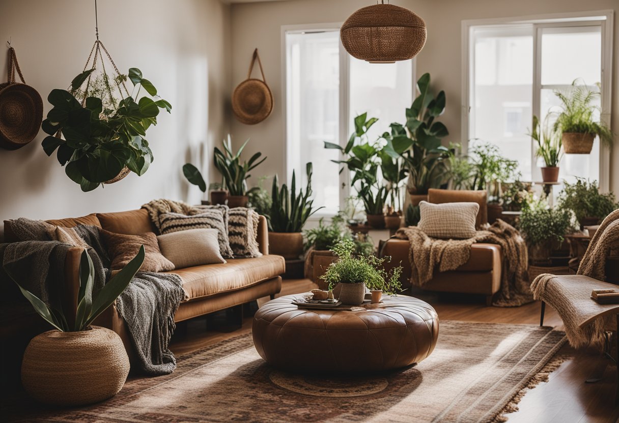 A cozy living room with eclectic furniture, layered rugs, and hanging plants. Warm earthy tones and natural textures create a relaxed, bohemian vibe