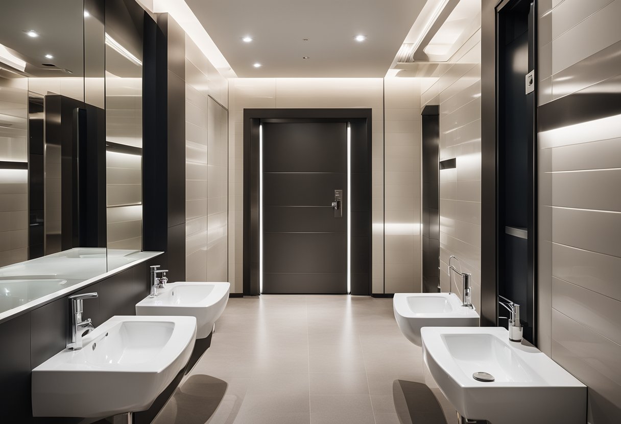 The public toilet interior features sleek, modern fixtures, soft ambient lighting, and clean, minimalist design elements