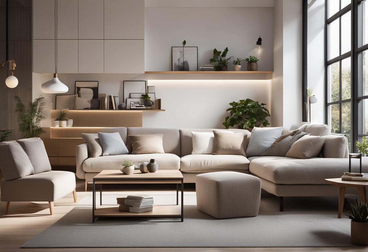 A cozy living room with multifunctional furniture, clever storage solutions, and space-saving design elements. Light colors and strategic lighting create a bright and open feel