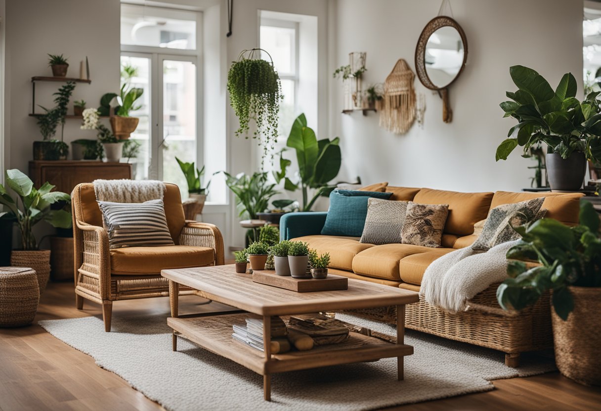 A cozy living room with eclectic decor, including vintage furniture, colorful textiles, and natural elements like rattan and plants