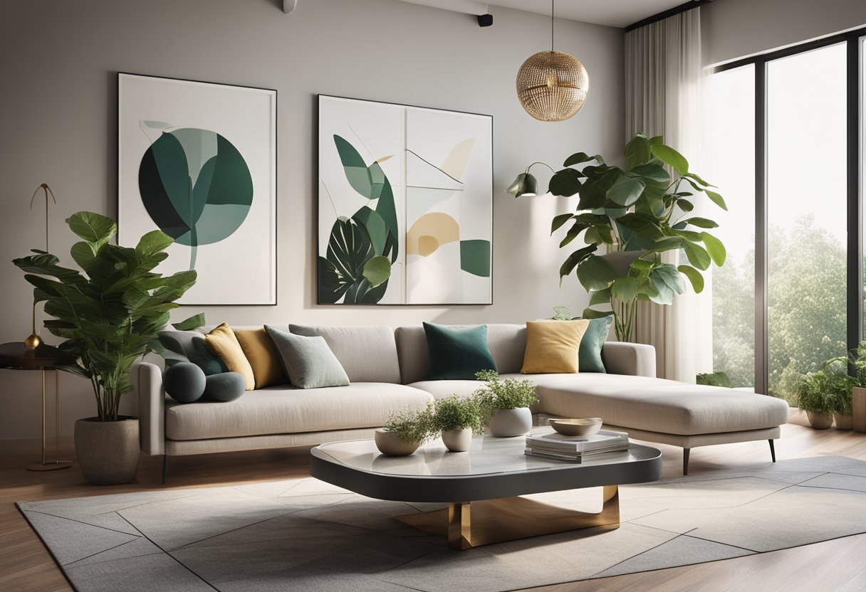 A modern living room with a sleek sofa, geometric coffee table, and abstract art on the wall. The space is filled with natural light from large windows, and plants add a touch of greenery to the room