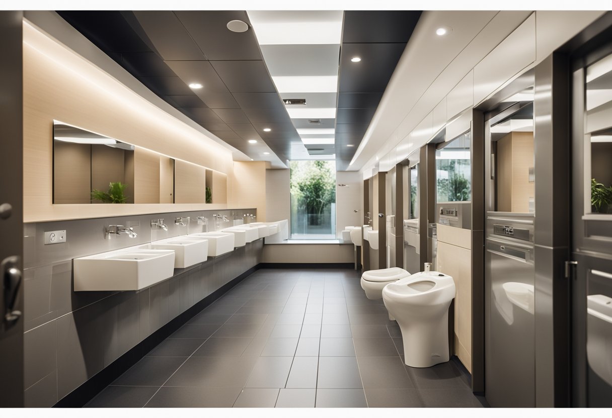 The public toilet interior design features spacious stalls, easy-to-reach toilet paper dispensers, motion-activated sinks, and clear signage for a user-friendly experience