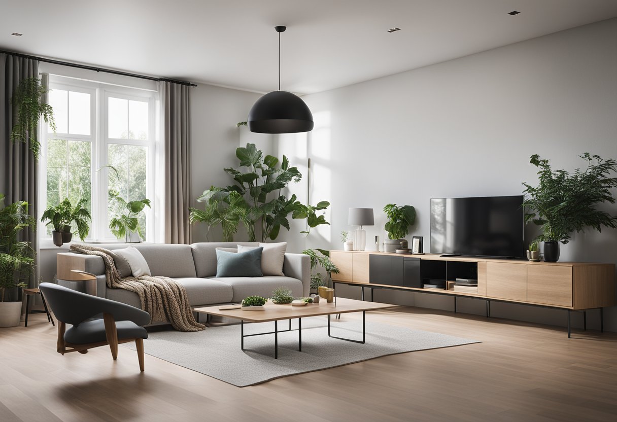 A modern, minimalist living room with sleek furniture, natural light, and pops of greenery