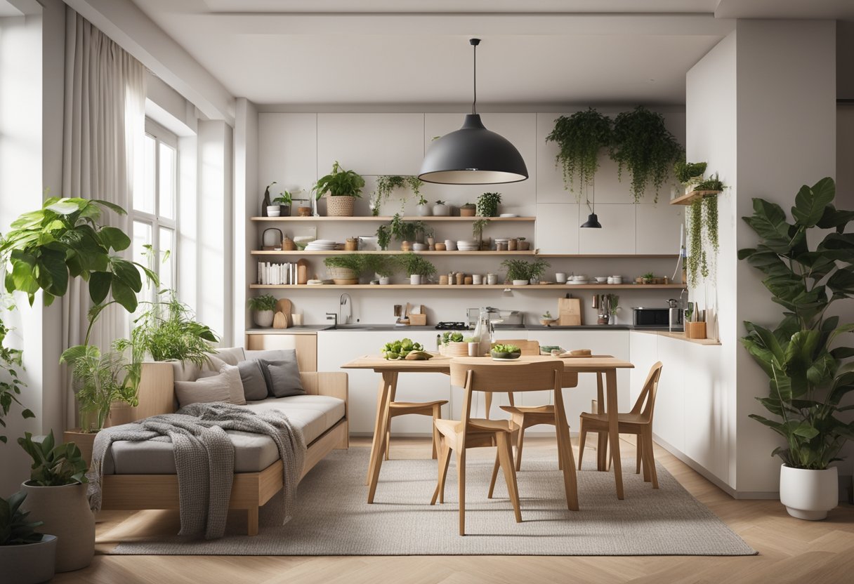 A cozy living room with multifunctional furniture, space-saving storage solutions, and natural lighting. A compact dining area with foldable table and chairs. Efficient use of vertical space with wall-mounted shelves and hanging plants