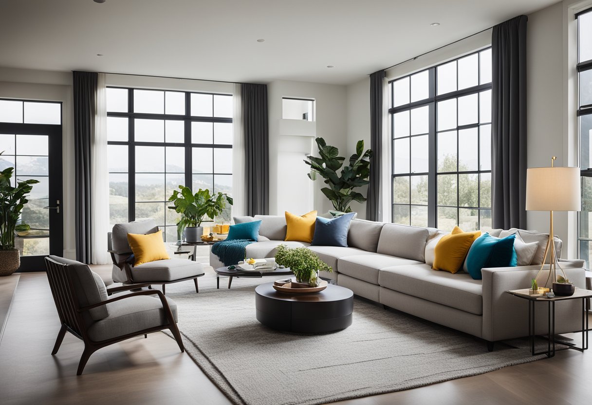 A modern living room with sleek furniture and pops of color. Large windows let in natural light, showcasing the room's clean lines and open layout