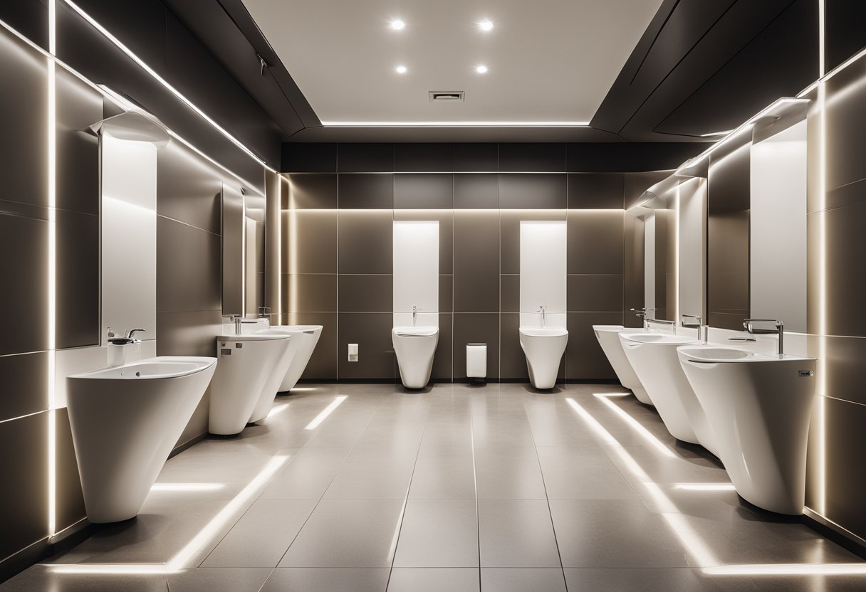 A clean and modern public toilet interior with sleek fixtures, ample lighting, and clear signage for easy navigation
