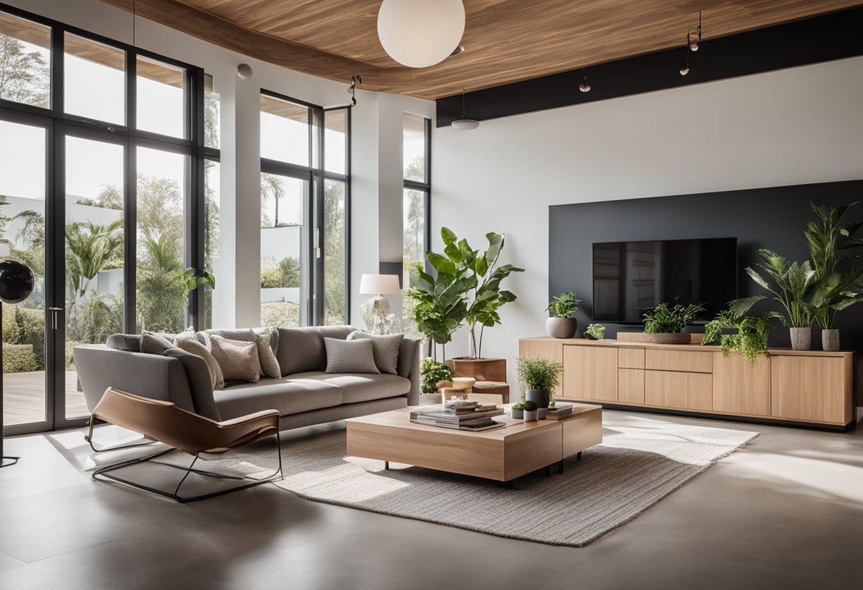 A modern living room with Envi interior design. Sleek furniture, clean lines, and a neutral color palette. Large windows let in natural light, and potted plants add a touch of greenery