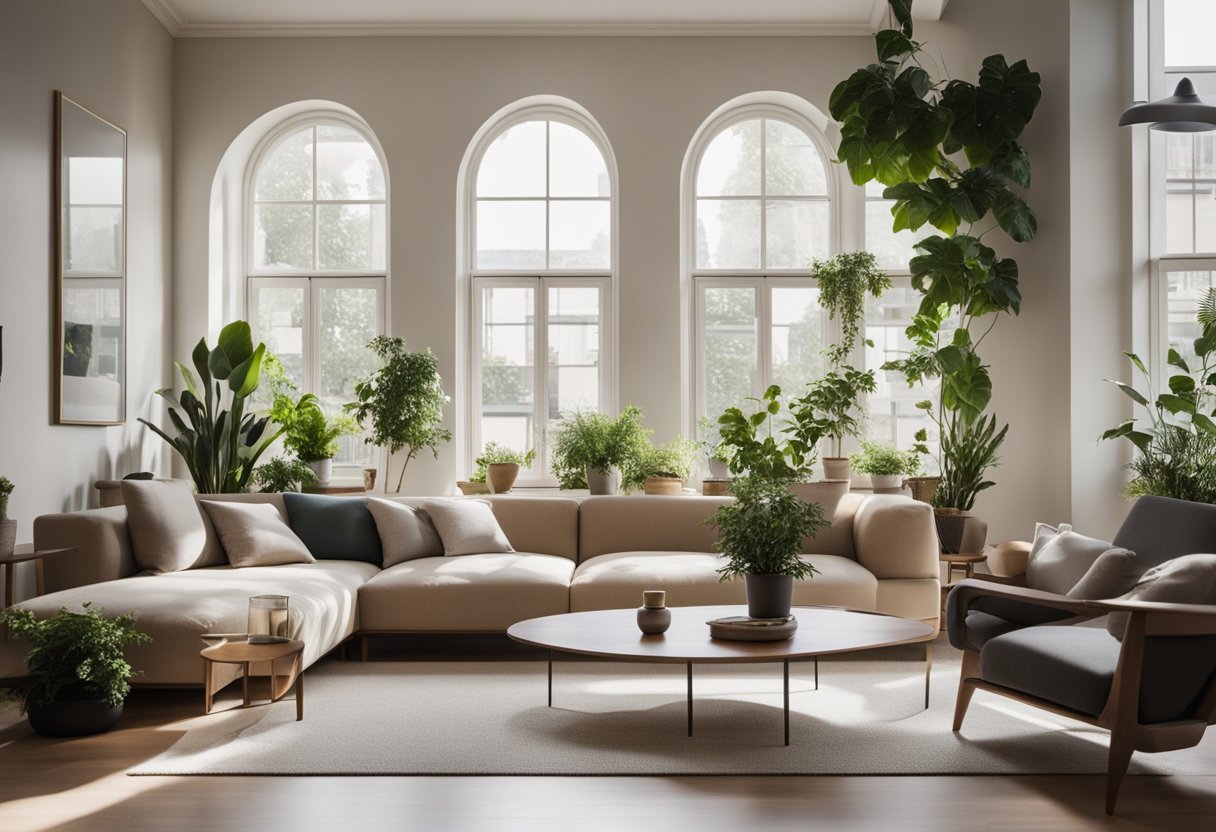 A modern living room with a neutral color palette, clean lines, and minimalistic furniture. Large windows let in natural light, and a few potted plants add a touch of greenery