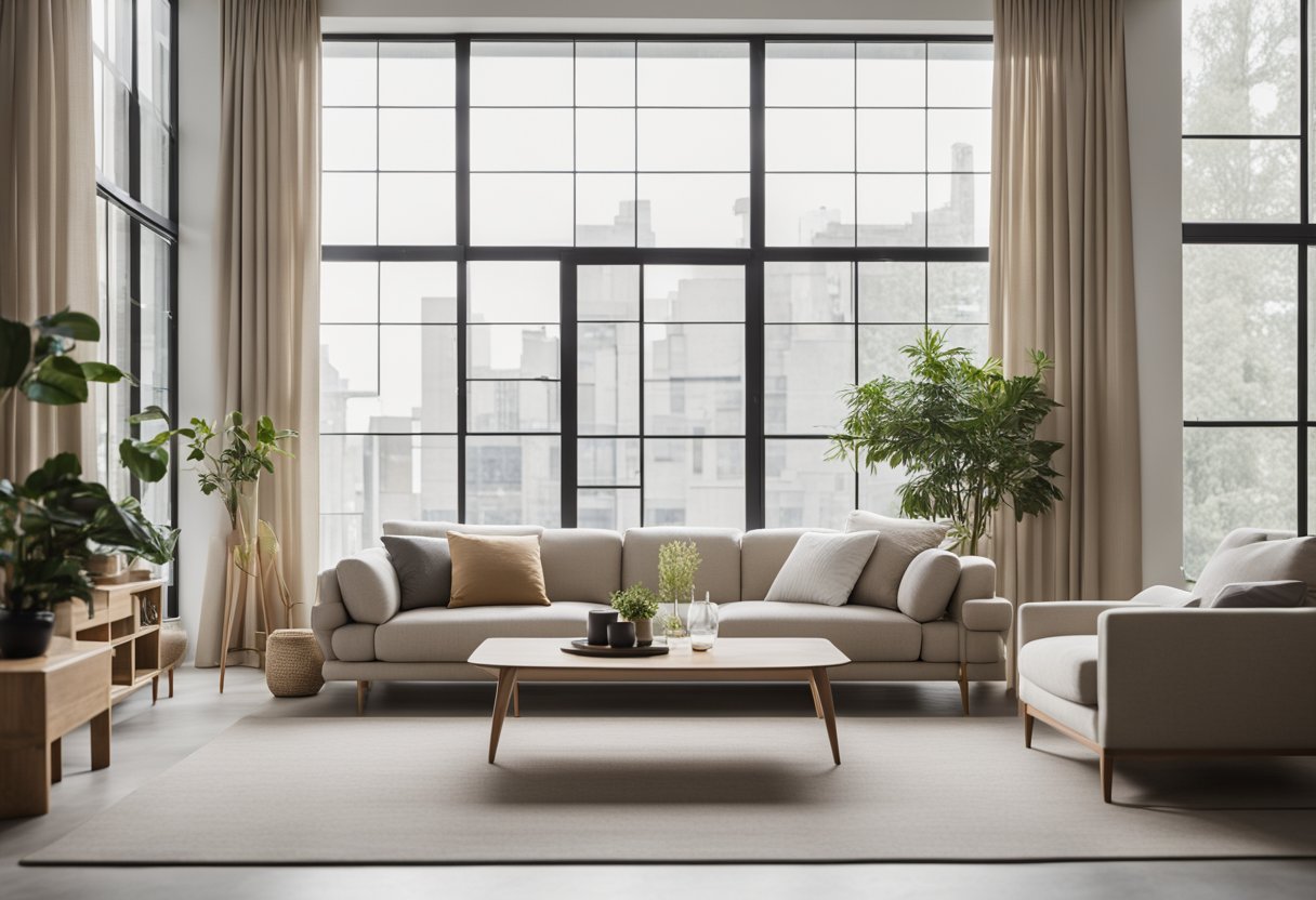 A room with a minimalist design, featuring clean lines, neutral colors, and natural materials. A large window allows plenty of natural light to fill the space, highlighting the carefully curated furniture and decor