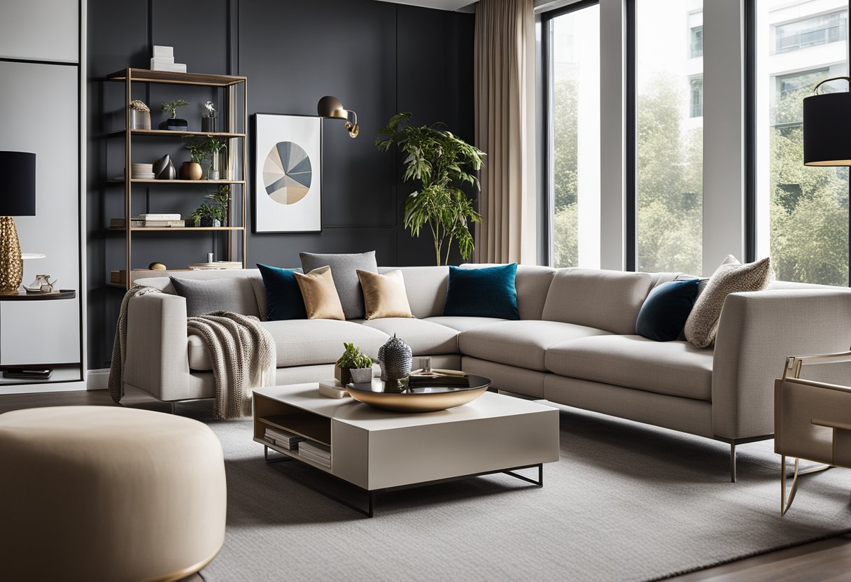 A modern living room with sleek furniture, neutral colors, and pops of vibrant accents. Clean lines and minimalistic decor create a sense of sophistication and elegance