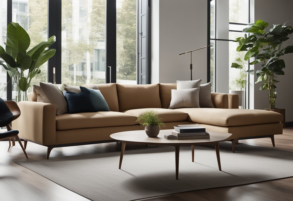 A modern living room with a sleek, minimalist design. A large, comfortable sofa sits in the center, surrounded by clean lines and neutral colors. The room is filled with natural light, creating a warm and inviting atmosphere