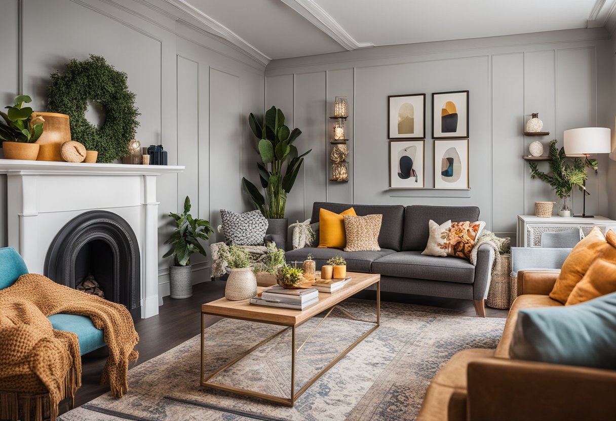 A cozy living room with vibrant colors, eclectic decor, and personalized touches. A mix of patterns and textures create a warm and inviting atmosphere