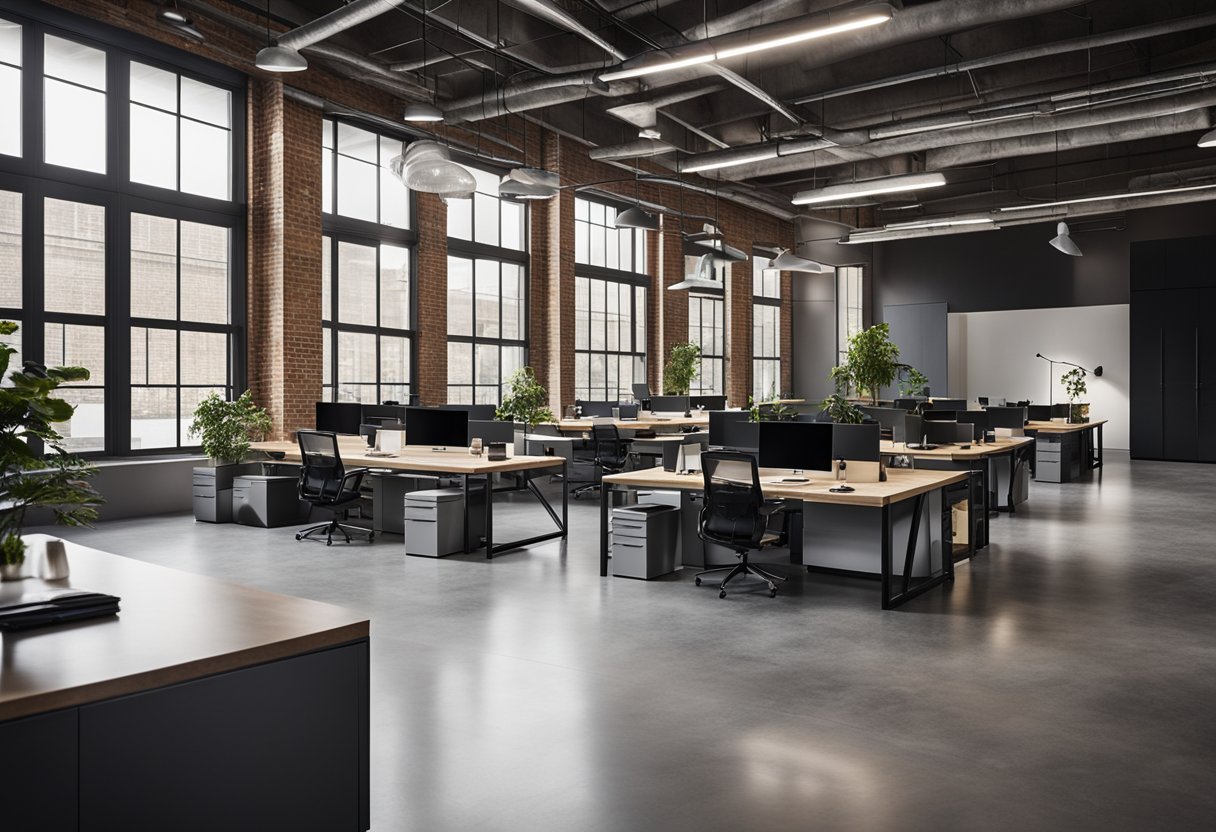 A sleek, open-plan office with exposed brick walls, polished concrete floors, and minimalist furniture. Large windows allow natural light to flood the space, while metal accents and industrial lighting fixtures add a contemporary touch