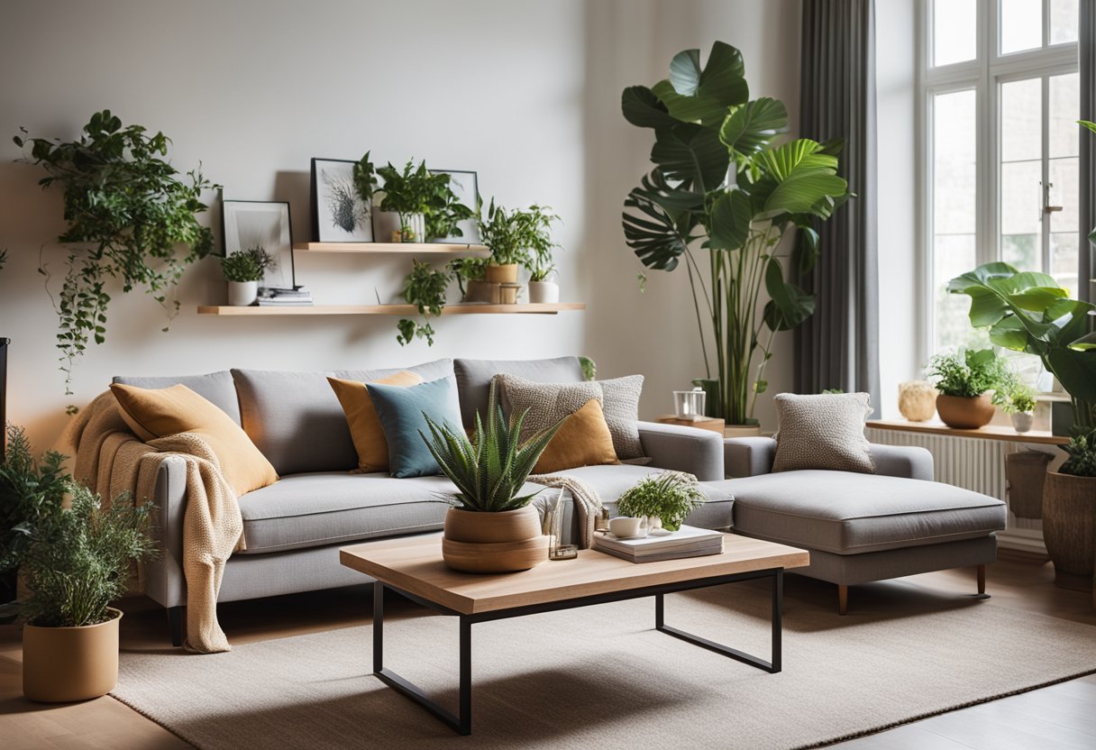 A cozy living room with a modern sofa, coffee table, and vibrant wall art. A bookshelf filled with design books and plants adds a touch of elegance