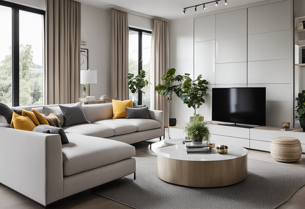 A modern living room with sleek furniture, neutral color palette, and a pop of vibrant accent color. Clean lines and minimalistic decor create a sophisticated and inviting space