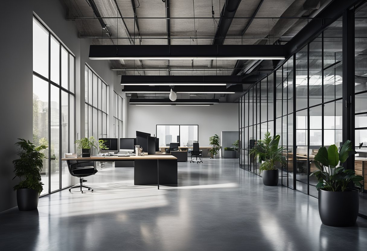 A sleek, minimalist office with exposed metal beams, concrete floors, and large windows. Modern furniture and industrial lighting complete the space