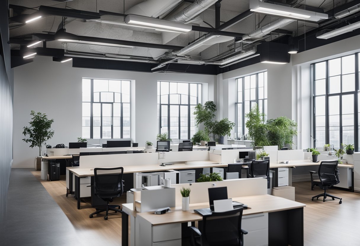 A spacious, open-plan office with sleek, minimalist furniture and industrial accents. Large windows let in natural light, illuminating the functional workspace