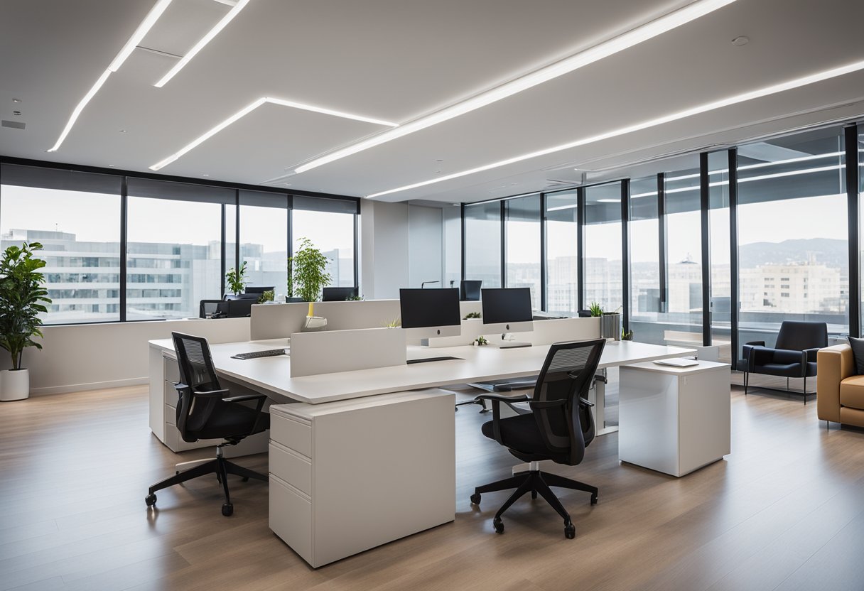 A sleek, open-concept office space with clean lines, minimalist furniture, and pops of color. Modern lighting fixtures and large windows provide ample natural light