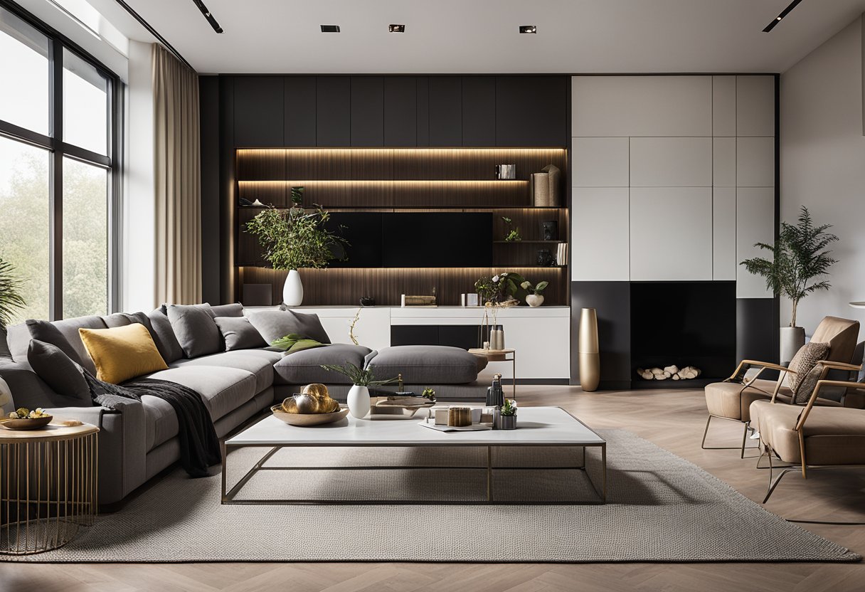 A modern, elegant living room with sleek furniture and vibrant accent pieces. A large window lets in natural light, showcasing Carmen's successful interior design projects