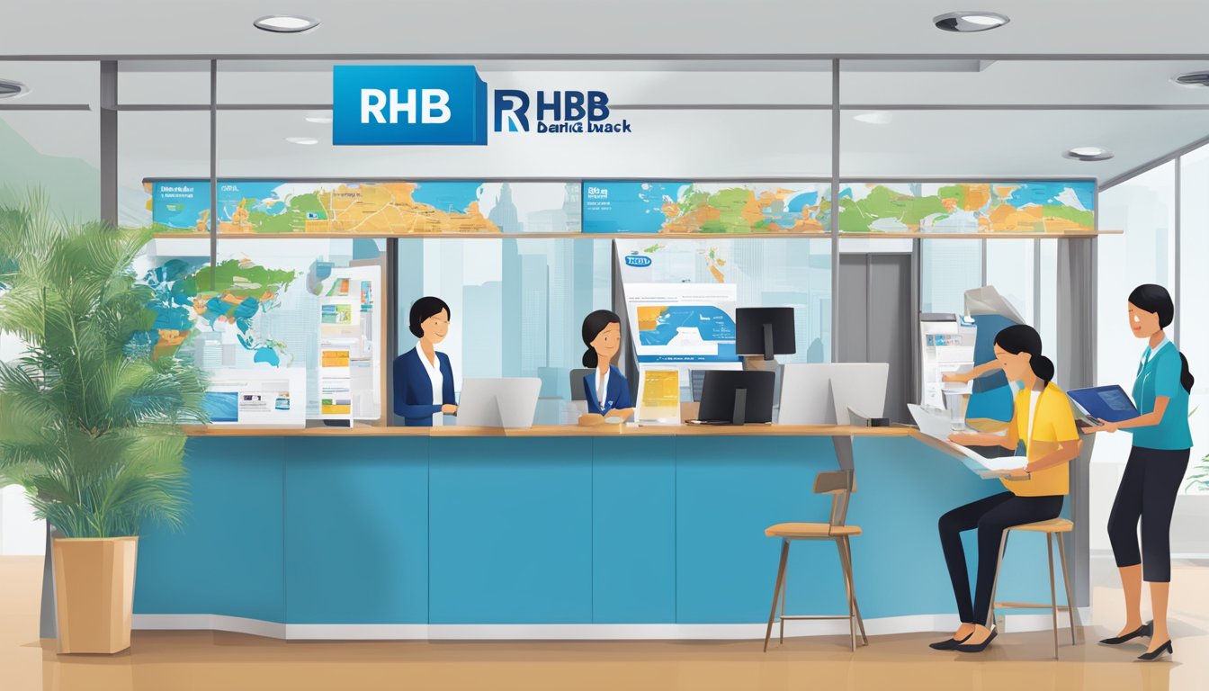 A bustling RHB bank branch with friendly staff assisting customers and a map showcasing RHB's regional presence