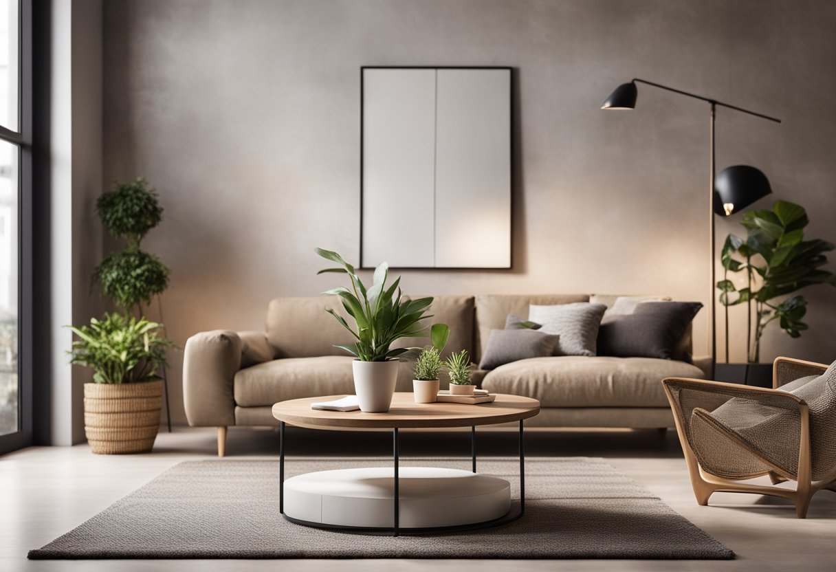 A cozy living room with modern furniture, warm lighting, and plants. A desk with a computer and design books. Textured walls and a stylish rug
