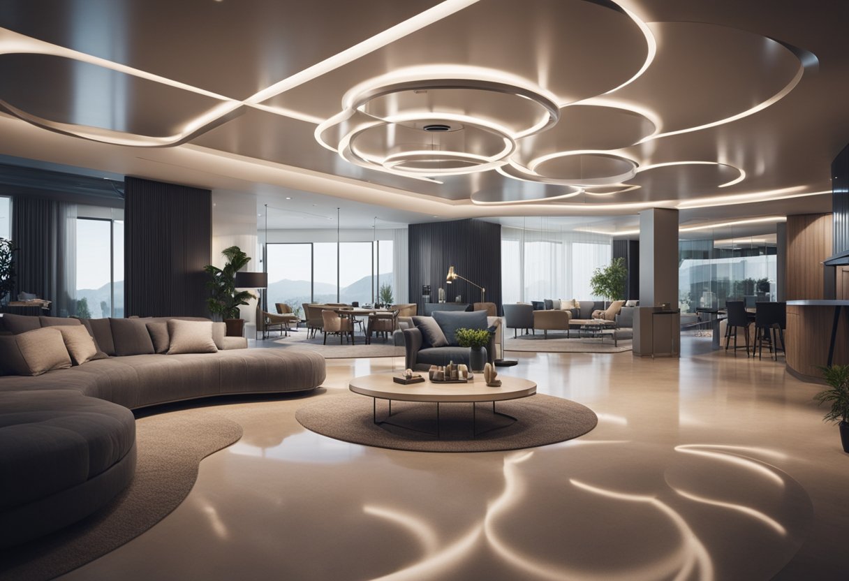 An open floor plan with interconnected spaces, defined by circular bubbles for each room, creating a fluid and flexible interior design
