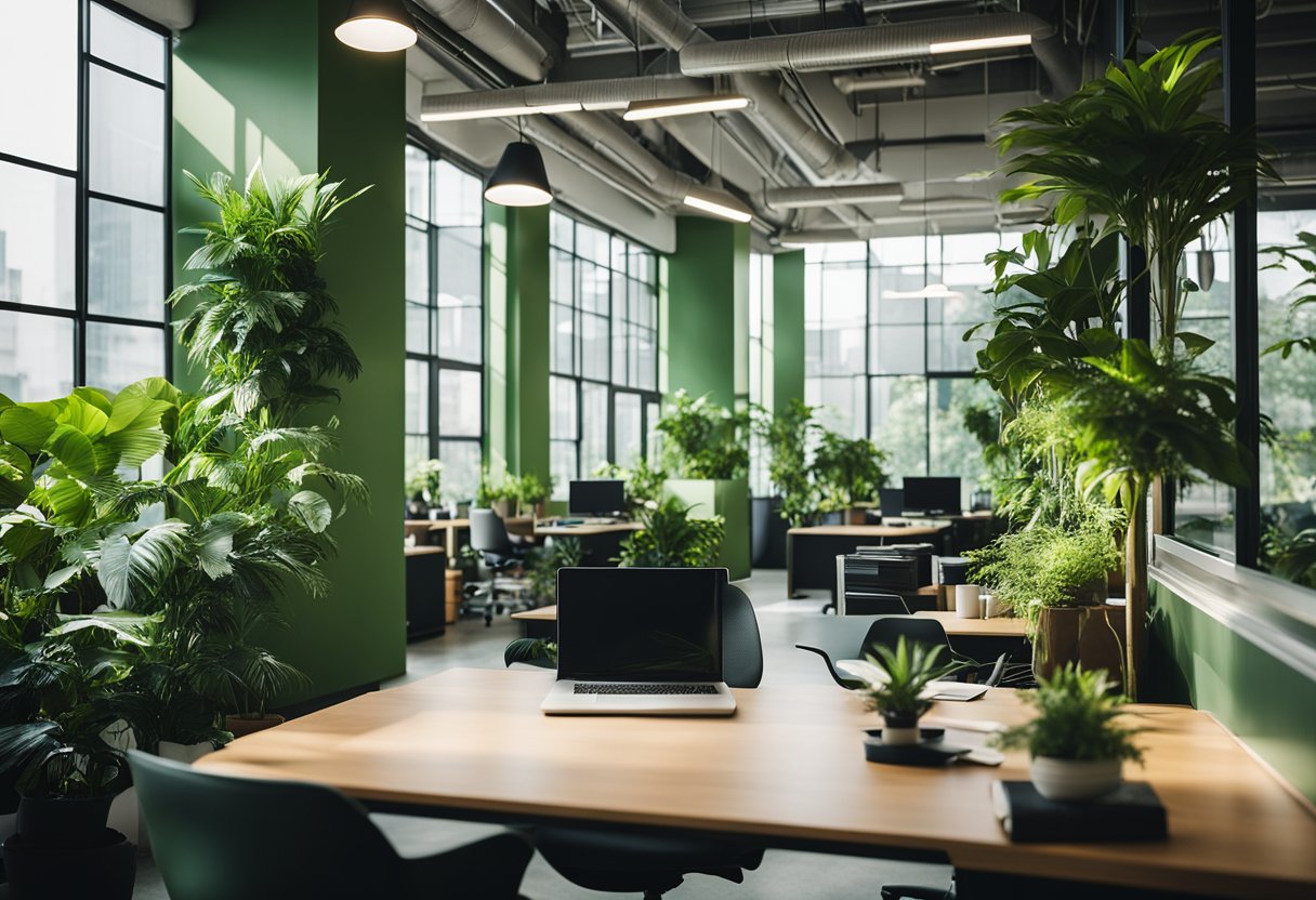 The green office features lush plants, modern furniture, and natural light pouring in through large windows, creating a vibrant and refreshing workspace
