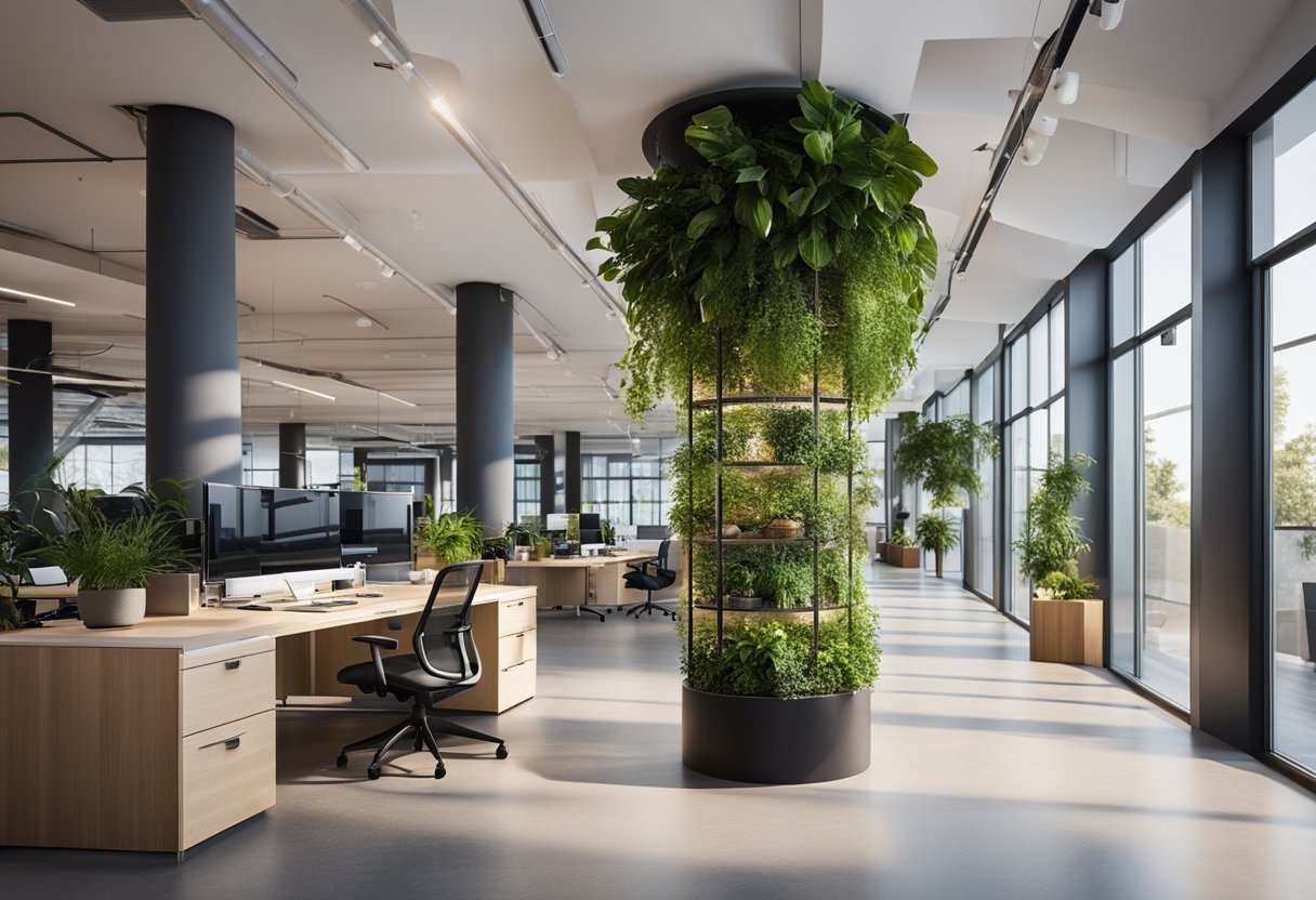 A modern office space with sustainable materials, natural light, and indoor plants. Open layout with ergonomic furniture and energy-efficient lighting