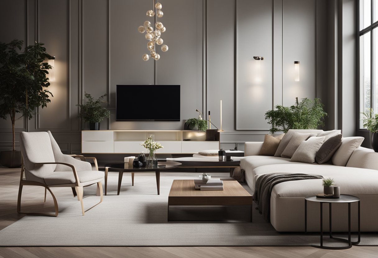 A modern, luxurious interior with sleek furniture, elegant lighting, and a neutral color palette. Clean lines and minimalistic decor create a serene and sophisticated atmosphere