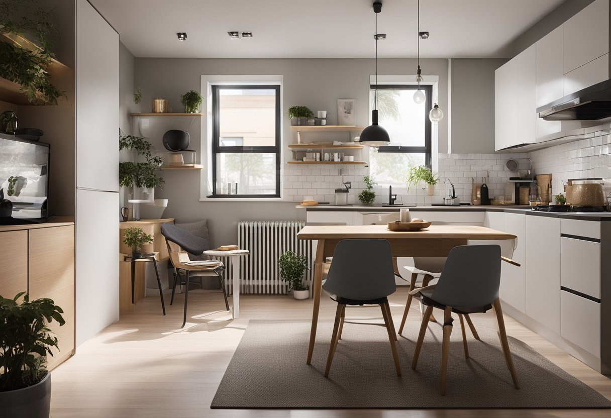 A cozy 500 sq ft house interior with a minimalist design, featuring a small living area, compact kitchen, and a functional bedroom with space-saving furniture