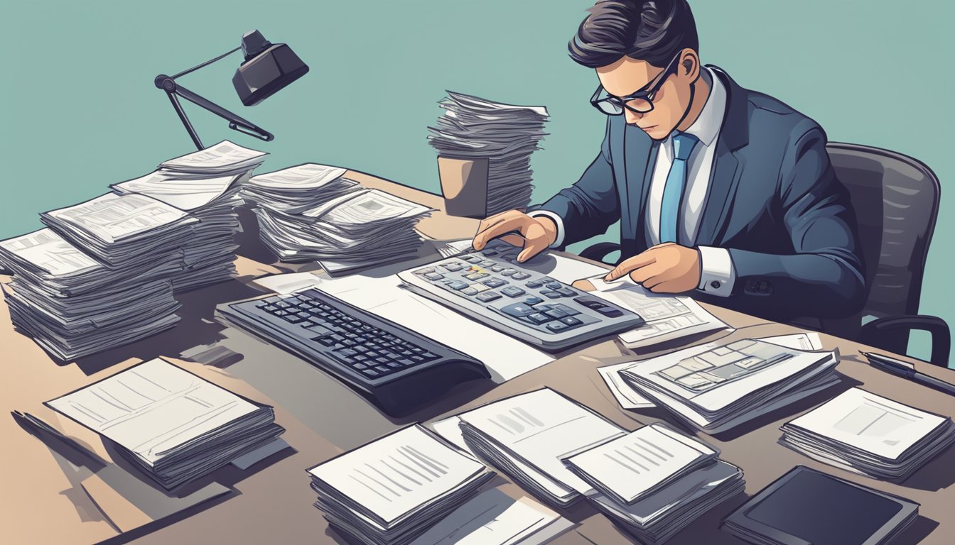 A person sits at a desk, surrounded by financial documents and a calculator. They are carefully planning their personal loans, with a determined and focused expression
