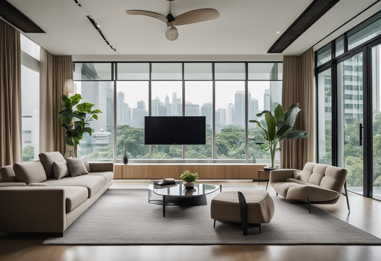A modern living room in Singapore with sleek furniture, neutral colors, and an abundance of natural light streaming in through large windows