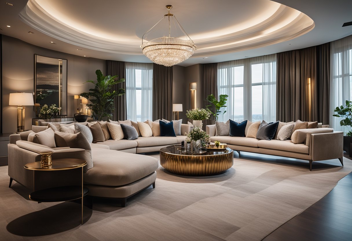 A luxurious living room with elegant furniture, modern decor, and soft lighting. Rich textures and a neutral color palette create a sophisticated and inviting atmosphere
