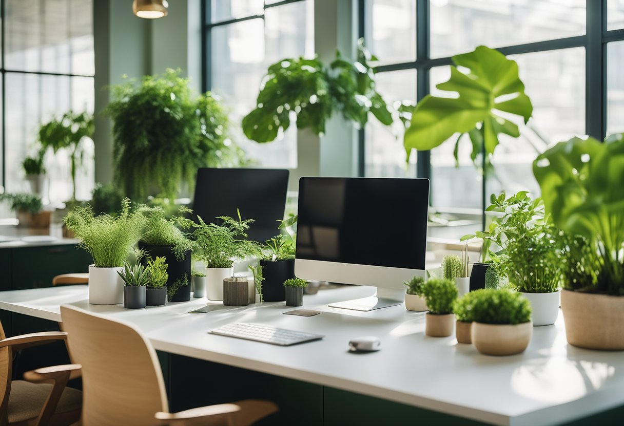 A bright green office with natural light, plants, and sustainable materials. Modern furniture and eco-friendly accents create a fresh and inviting atmosphere