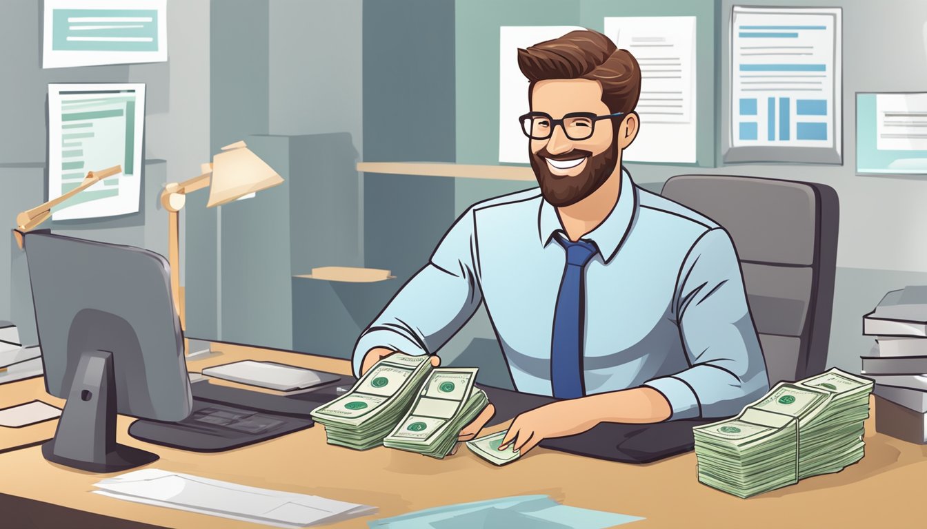 A stack of cash, a smiling bank representative, and a simple application form on a desk